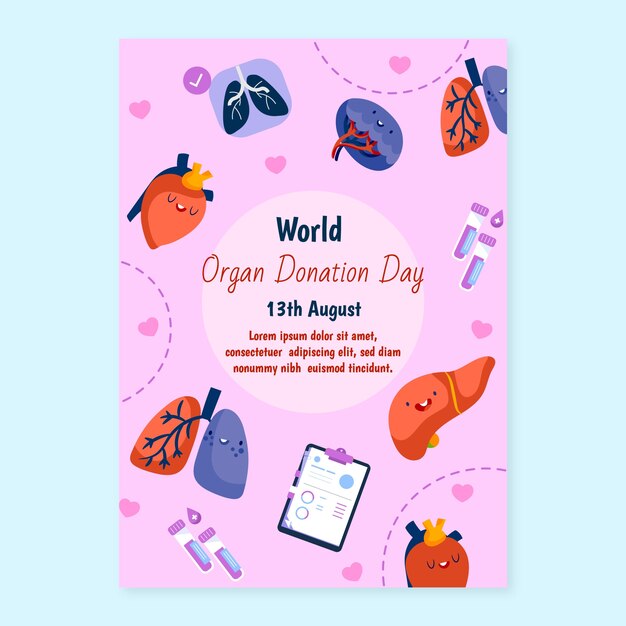 Flat world organ donation day vertical poster template with organs