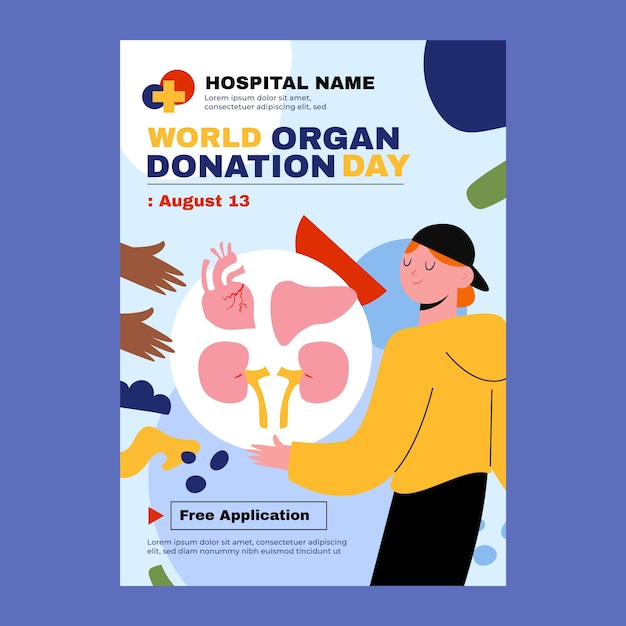 Flat world organ donation day vertical poster template with person offering organs