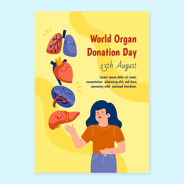 Flat world organ donation day vertical poster template with person and organs