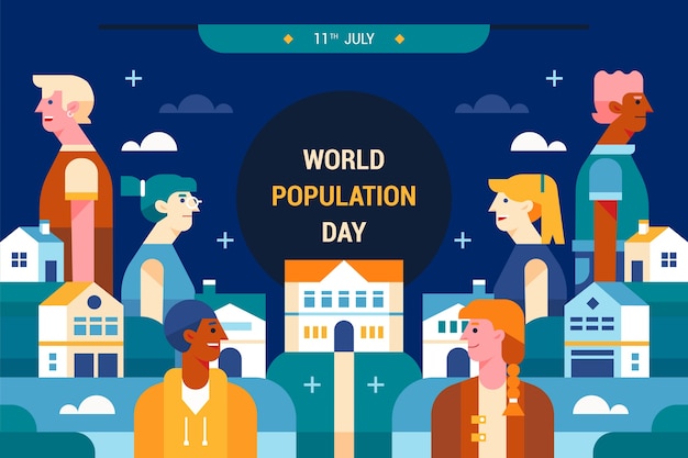 Free Vector flat world population day background with people and buildings