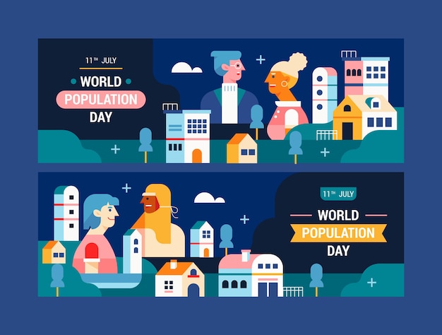 Free Vector flat world population day horizontal banners set with people and buildings