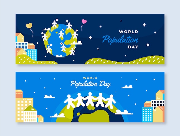 Flat world population day horizontal banners set with planet and city