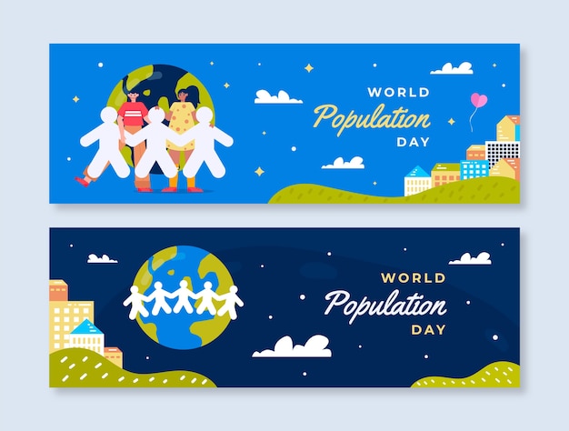 Flat world population day horizontal banners set with planet and paper people