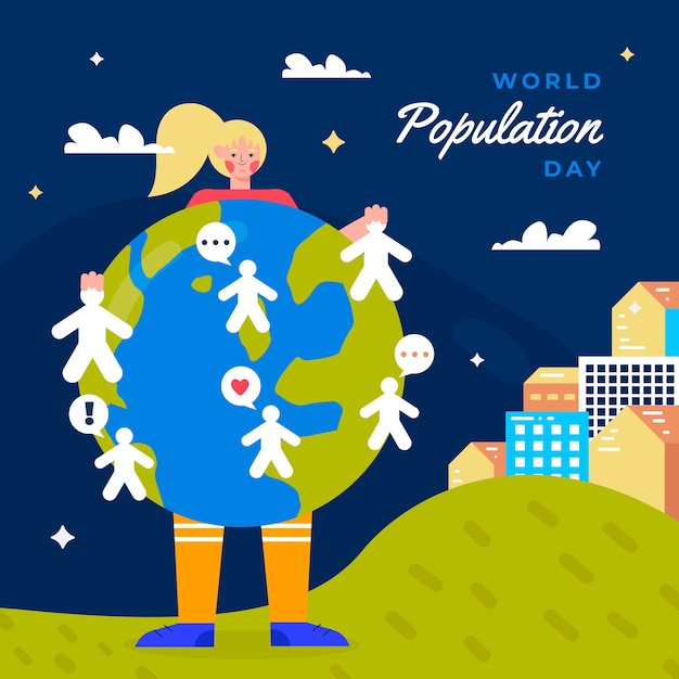 Flat world population day illustration with person holding planet