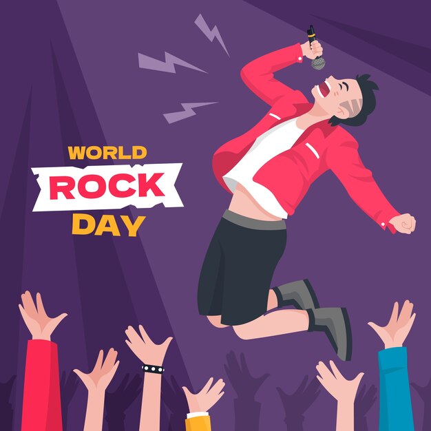 Flat world rock day illustration with man singing in concert