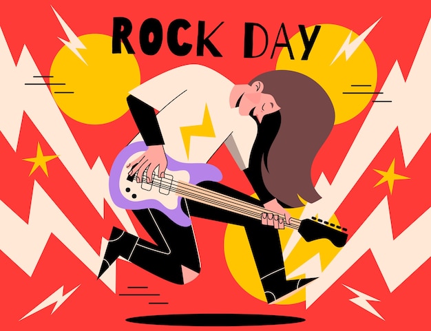 Flat world rock day illustration with musician playing guitar