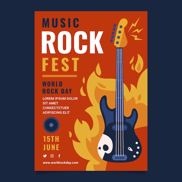 Flat world rock day poster template with guitar and flames