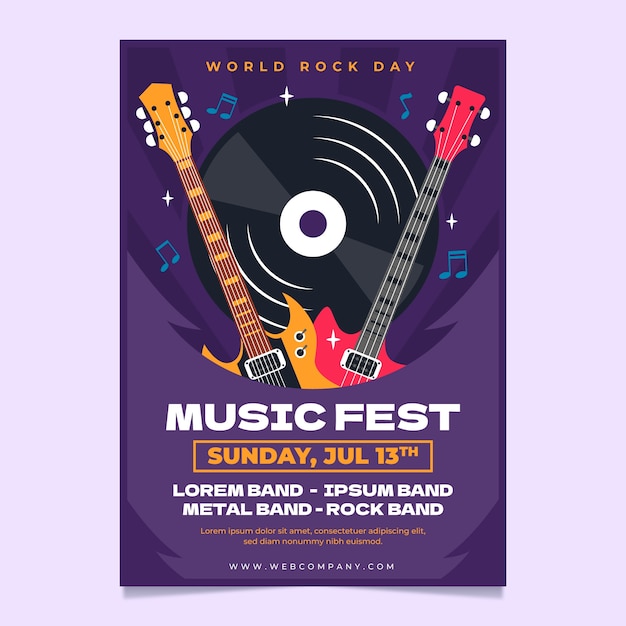 Flat world rock day poster template with guitars and vinyl records