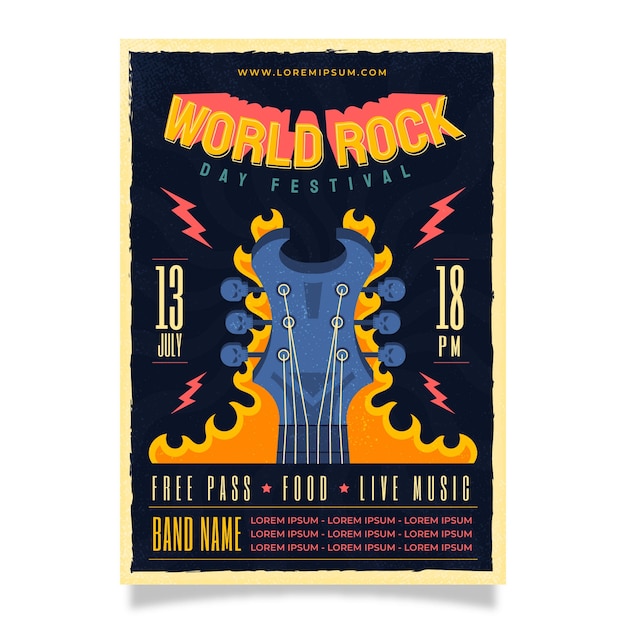 Free Vector flat world rock day vertical poster template with guitar on fire