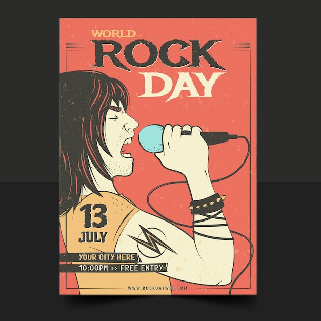 Flat world rock day vertical poster template with musician singing in microphone