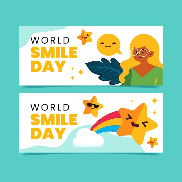 Flat world smile day horizontal banners set