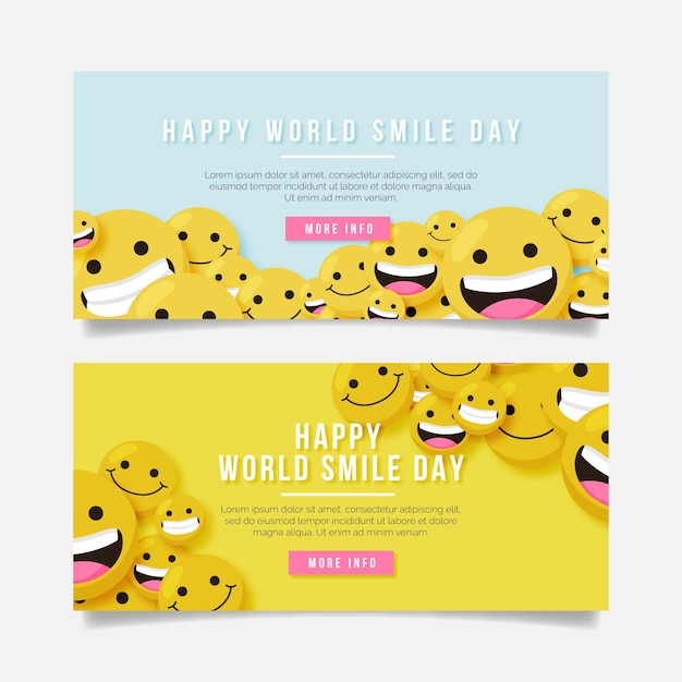 Flat world smile day horizontal banners set