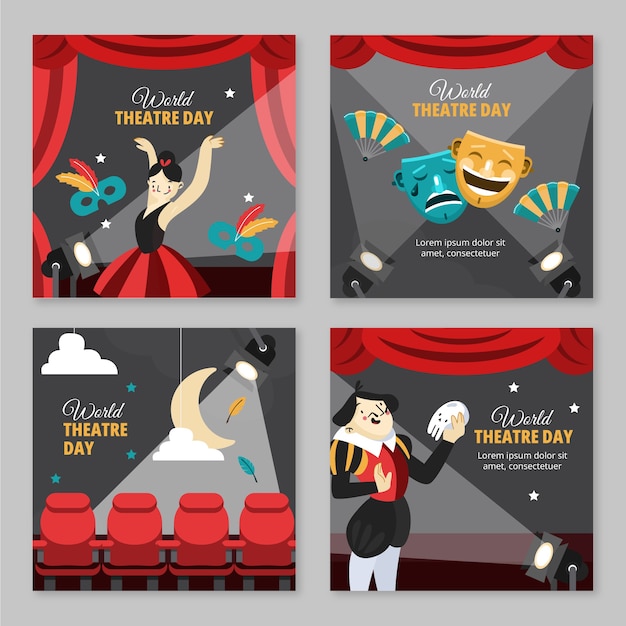 Free Vector flat world theatre day instagram posts collection