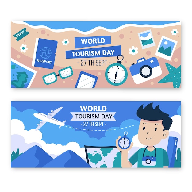 Free vector flat world tourism day horizontal banners set