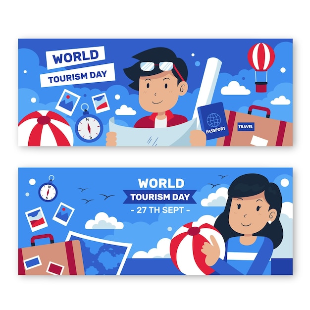 Free vector flat world tourism day horizontal banners set