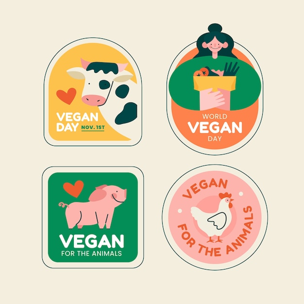 Free Vector flat world vegan day labels collection