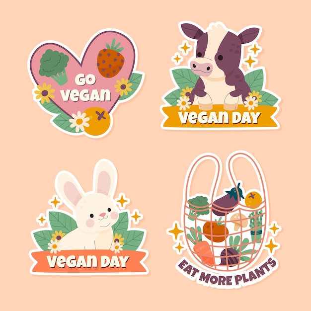 Flat world vegan day labels collection