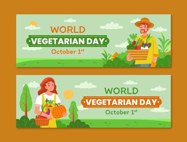 Flat world vegetarian day horizontal banners set