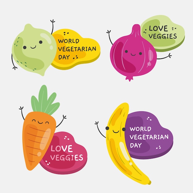 Flat world vegetarian day labels collection