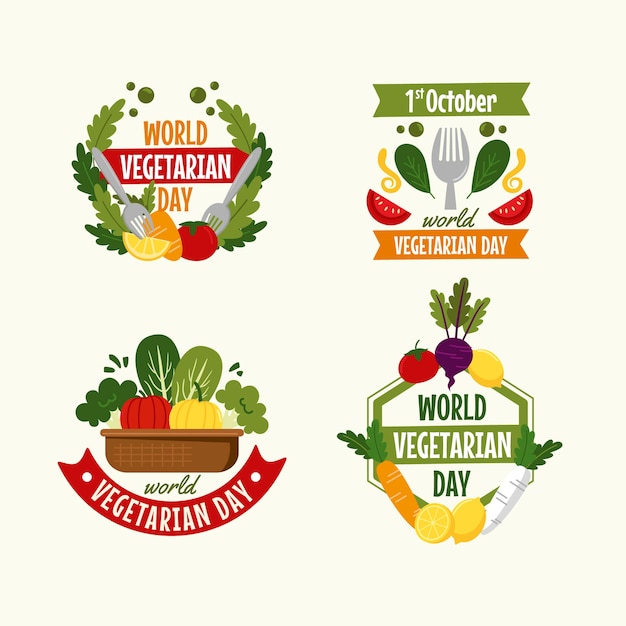 Flat world vegetarian day labels collection