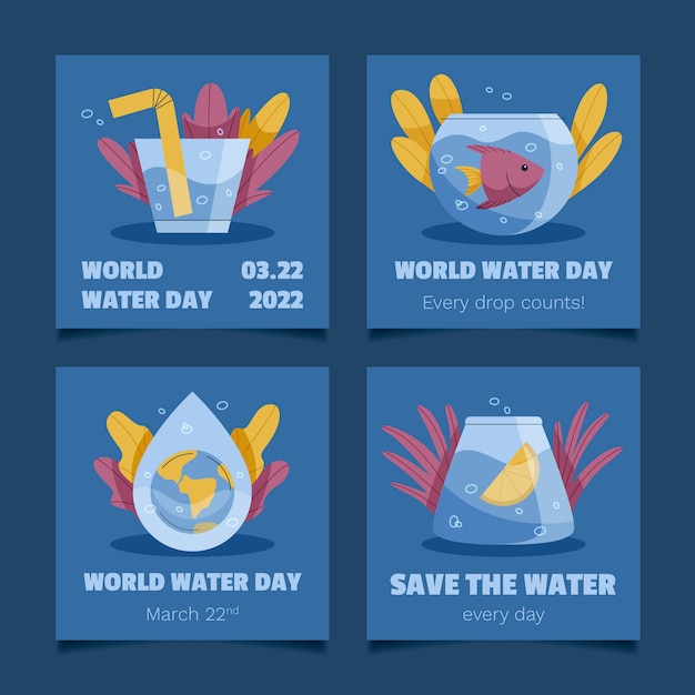 Free vector flat world water day instagram posts collection