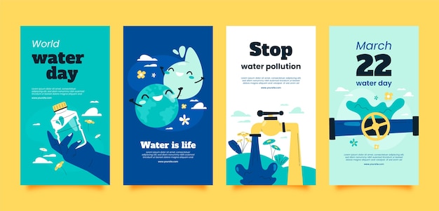 Free vector flat world water day instagram stories collection