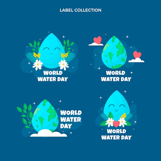 Flat world water day labels collection