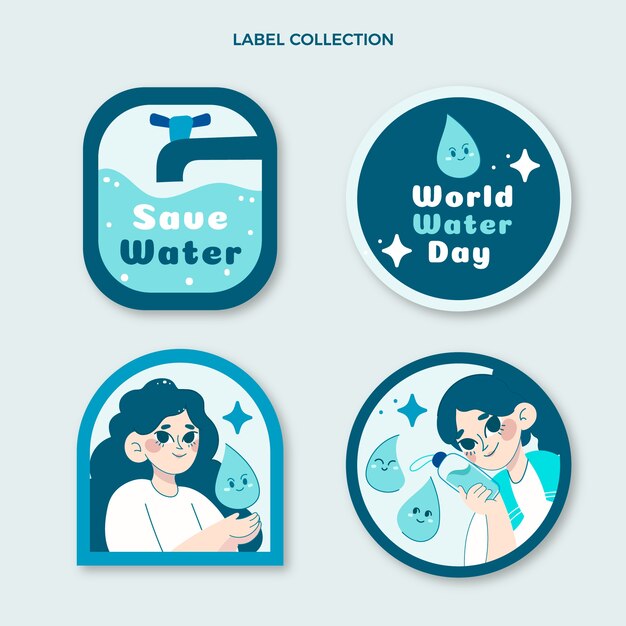 Flat world water day labels collection