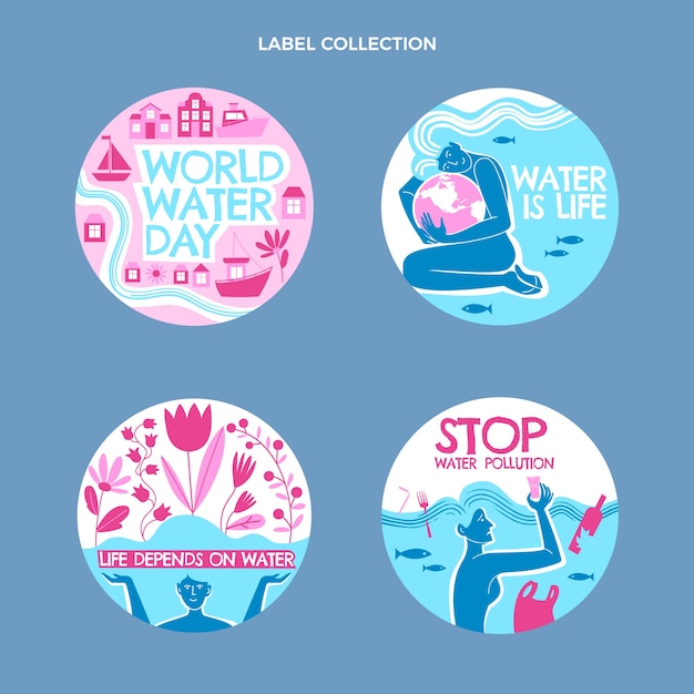 Flat world water day labels collection