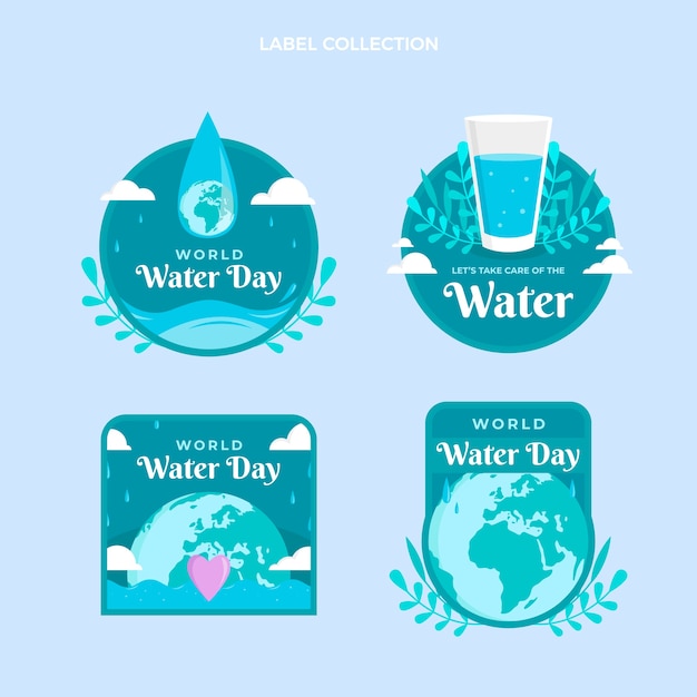 Flat world water day labels collection