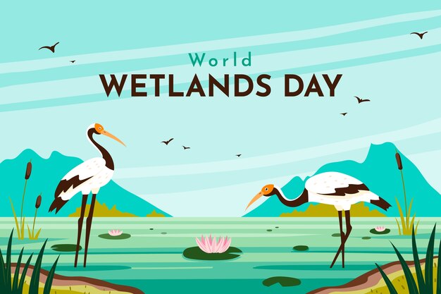 Flat world wetlands day background with floral and fauna