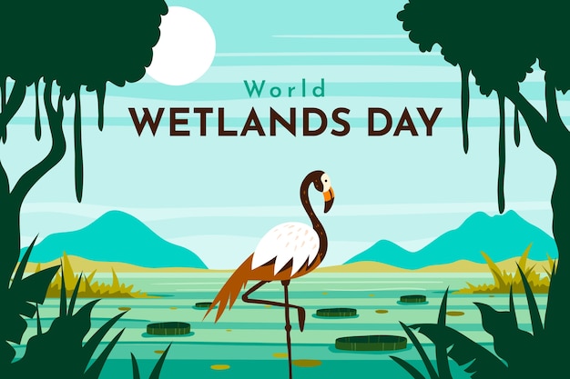 Free Vector flat world wetlands day background with floral and fauna