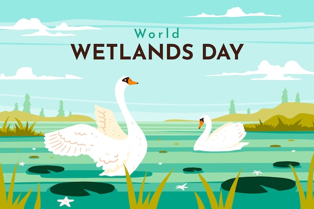 Flat world wetlands day background with floral and fauna