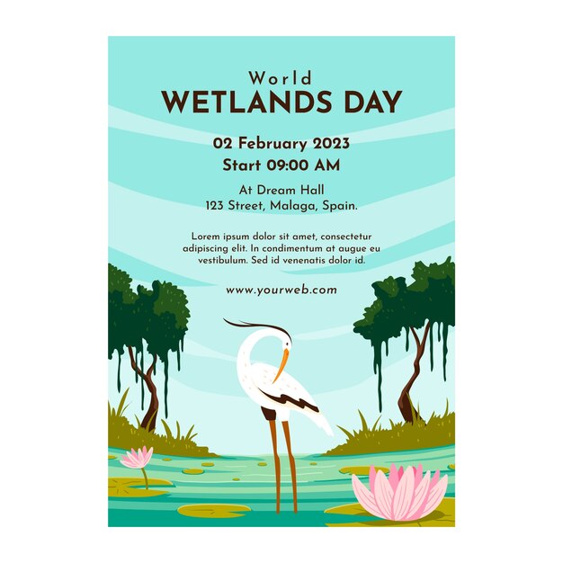 Flat world wetlands day vertical flyer template with floral and fauna