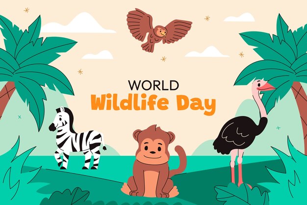 Flat world wildlife day background with animals