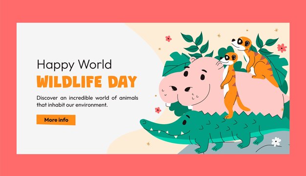 Flat world wildlife day horizontal banner template with animals