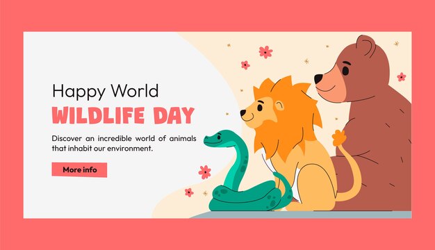 Flat world wildlife day horizontal banner template with animals