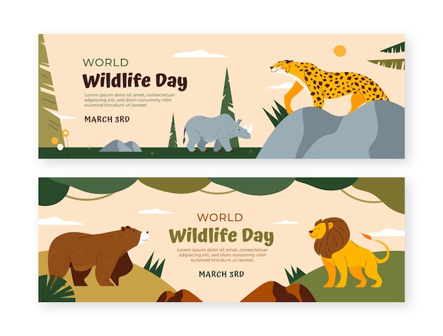 Free Vector flat world wildlife day horizontal banners set with fauna and flora