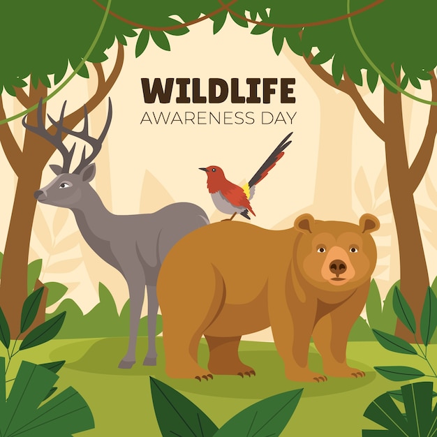 Flat world wildlife day illustration with animals