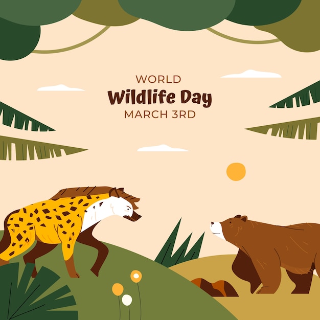 Flat world wildlife illustration with flora and fauna