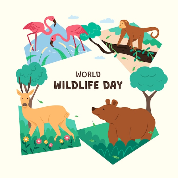 Free Vector flat world wildlife illustration with flora and fauna