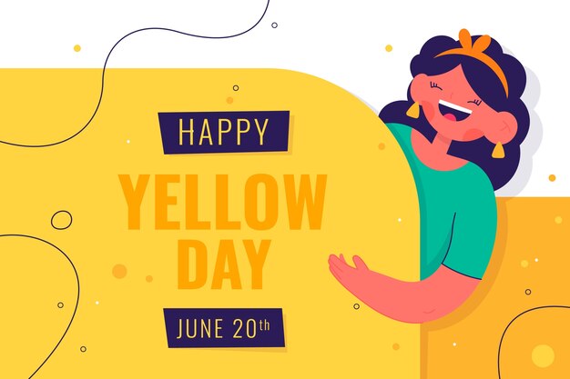 Flat yellow day background with woman smiling