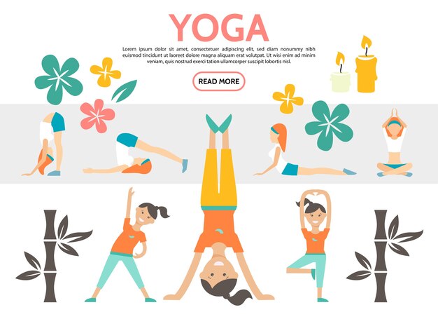 Flat yoga elements set with girls exercising in different poses lotus flowers bamboo and candles isolated illustration