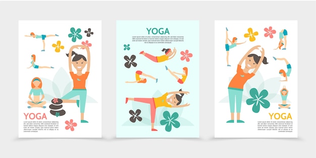 Flat yoga and harmony posters with girls exercising and meditating in different poses lotus flowers spa stones isolated illustration