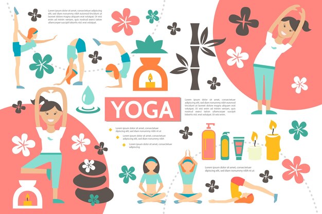 Flat yoga infographic template with girls exercising in different fitness poses bamboo spa cosmetic products flowers stones candles illustration