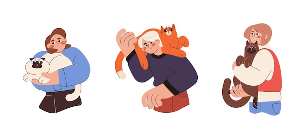 Free vector flat young people holding and hugging cute cats