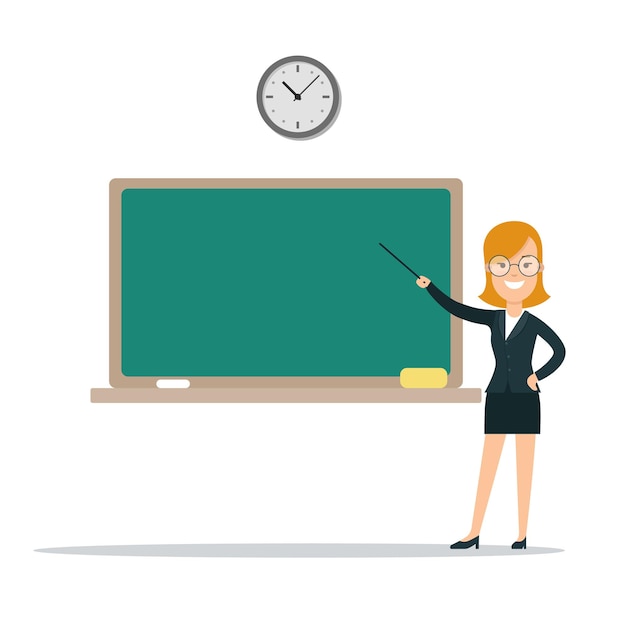 Free Vector flat young smiley female school teacher speaker showing on board vector illustration education kno