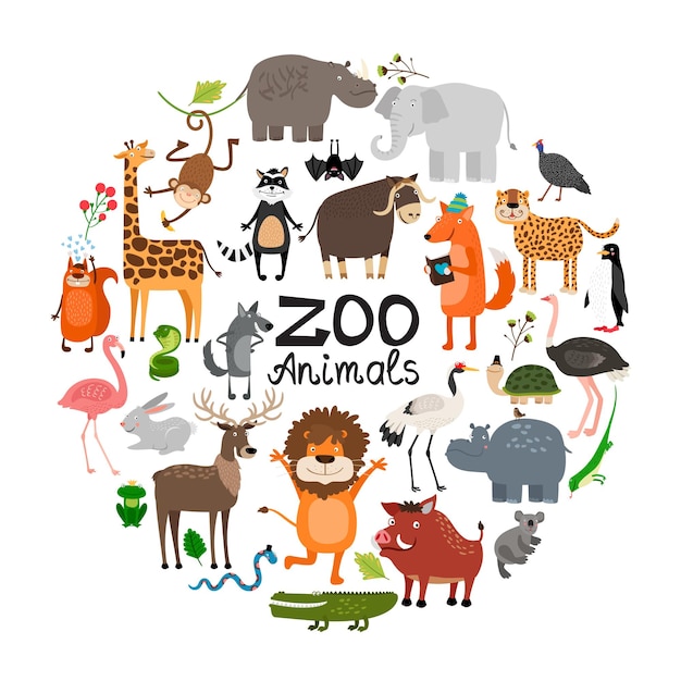 Flat zoo animals round concept with giraffe leopard boar squirrel hippo iguana lion deer elephant monkey fox raccoon bat birds  illustration