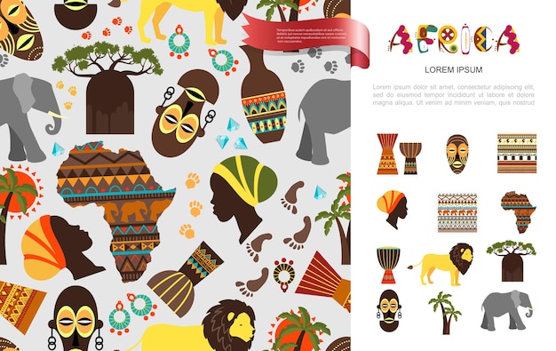 Free Vector flatafrican ethnic concept with tribal mask baobab palm trees african woman and papuan faces elephant lion vases africa map ornamental seamless pattern