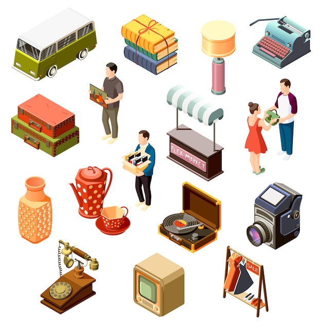 Free vector flea market isometric icons set